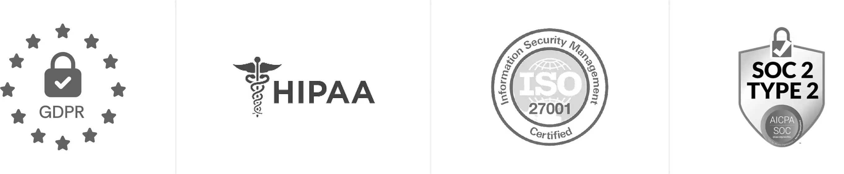 GDPR, HIPAA, ISO 27001, and SOC 2 Type 2 compliance badges