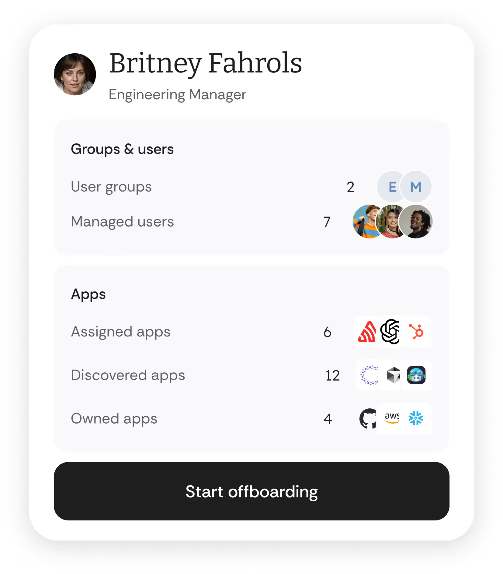 Offboarding process window removing app and user group access