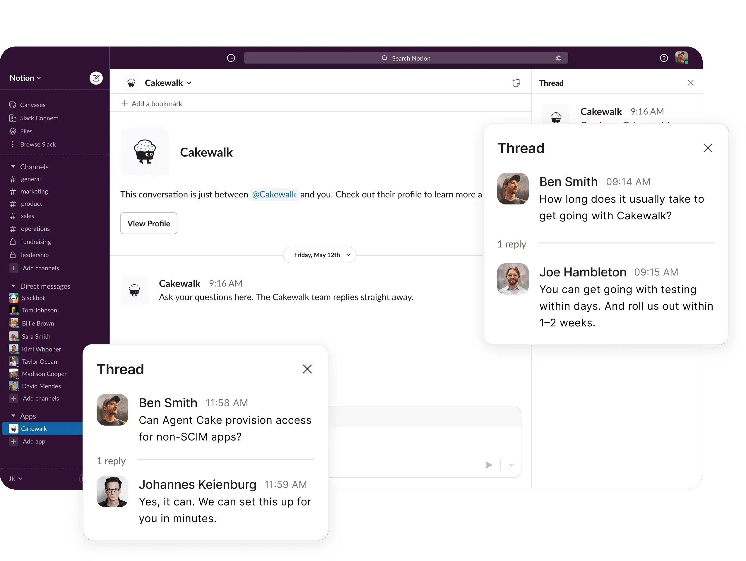 Cakewalk Slack Connect channel showing product support conversation